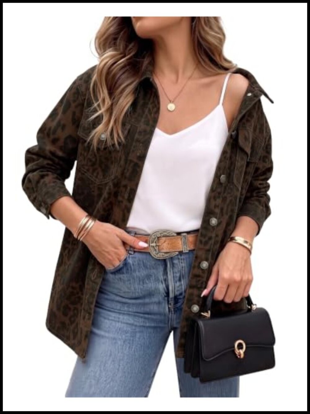 Oversized Leopard Print Denim Jacket Button Down Shacket